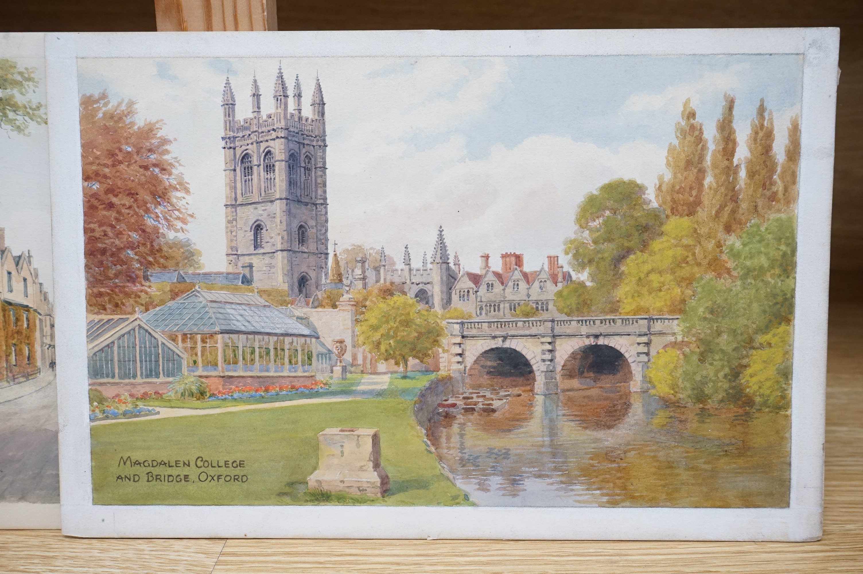 Alfred Robert Quinton (1853-1934), two watercolours for postcard designs of Oxford scenes; ‘Magdalen College and Bridge, Oxford’, and ‘Balliol College & Martyrs’ Memorial, Oxford’, one signed, 18 x 28cm, unframed. Condit